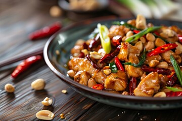 Canvas Print - Kung Pao Chicken: A plate of Kung Pao chicken with peanuts and chili peppers, garnished with scallions