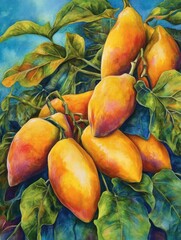 Sticker - Watercolor painting of ripe mangoes with green leaves on a blue background.