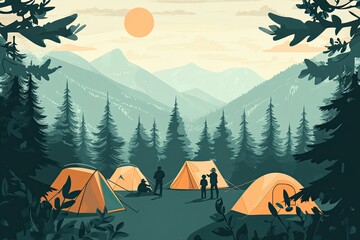 Vector illustration - forest clearing background - landscape illustration with campers setting up tents 