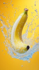 Sticker - A single banana with a peel partially removed is surrounded by splashing water against a yellow background.