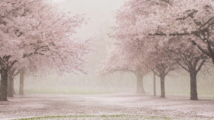 Wall Mural - delicate scene of cherry blossom trees in full bloom during a light spring rain