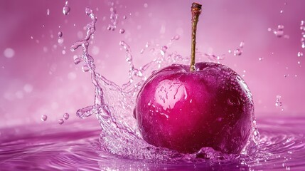 Poster - A single, ripe plum falls into a pool of water, creating a beautiful water splash and ripples.