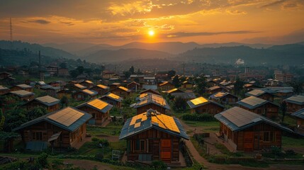 Poster - Sunset over a village with solar panels