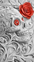 a black and white photo showing a sugar skull and a rose, romantic fantasy, day of the dead celebration, halloween