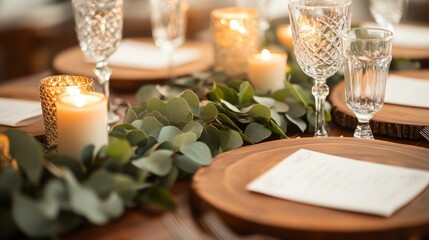 Poster - A beautifully arranged table features flickering candles and fresh eucalyptus, creating a warm atmosphere for a cozy dinner gathering.