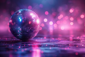 A disco ball sits in the center of the frame with pink and blue lights reflecting off of it.