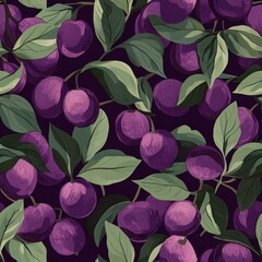 Poster - Seamless pattern of purple plums and green leaves.