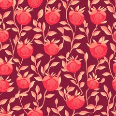 Canvas Print - Red Pomegranates on Burgundy Background Seamless Pattern.