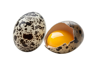 fresh quail eggs isolated on white background with clipping path, whole and broken farm eggs collect