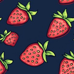 Canvas Print - Seamless pattern with red strawberries on a dark blue background.