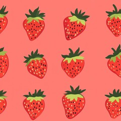 Canvas Print - Red and green paper strawberries on pink background.