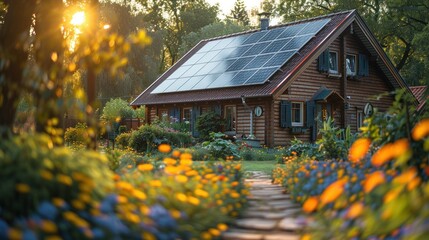 Canvas Print - Wooden House with Solar Panels and Garden