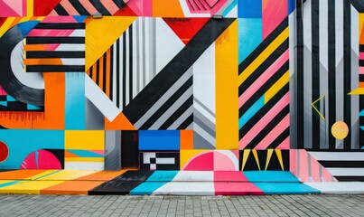 Vibrant street art mural with abstract geometric shapes