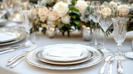 Poster - A beautifully arranged table featuring fine china, sparkling glassware, and a lush floral centerpiece, perfect for a formal gathering or celebration.