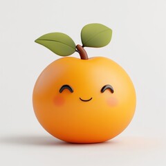 Wall Mural - A 3D rendered cartoon orange with a happy smiley face and green leaves on top, isolated on white background.