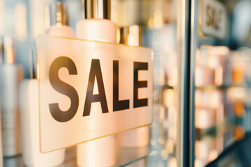 Close-up of a sale sign in a beauty product display, showcasing an attractive offer on skincare items.