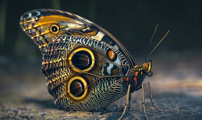 Exotic owl butterfly with striking eye-like patterns on its wings