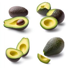 Sticker - Fresh ripe avocados isolated on white background.  There are whole avocados, halves, and slices, showcasing different angles and cuts.