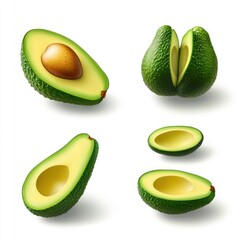 Poster - Five avocados in various states of ripeness whole, halved, and pitted.