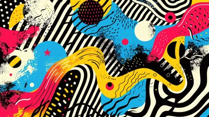 Abstract colorful pattern with black and white stripes, swirls, dots, and splashes.