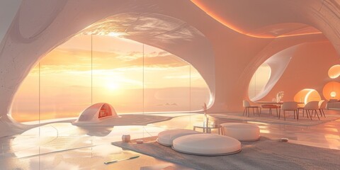 Wall Mural - illustration of futuristic white cave like dome interior design with spacious room and balcony with table and cozy chairs at sunset