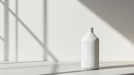Poster - A minimalist white bottle placed on a table with soft shadows during daylight in a modern interior