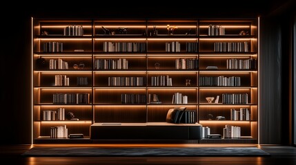 Poster - Modern bookshelf display with warm lighting showcasing a variety of books and decorative items at night
