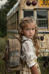 Wall Mural - Back to School Photos - Children with Backpacks on First Day of School