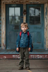 Wall Mural - Back to School Photos - Children with Backpacks on First Day of School