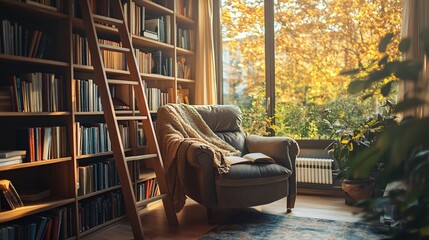 Wall Mural - A peaceful home library with floor-to-ceiling bookshelves, a ladder, and a comfortable reading chair with a cozy blanket