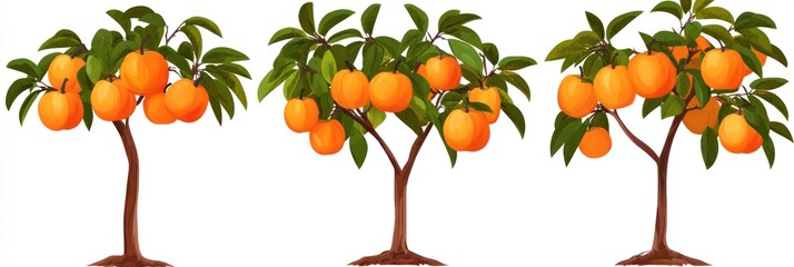 Sticker - Three orange trees with ripe oranges and green leaves isolated on a white background.