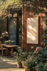 Wall Mural - Blank trapezoid store signage design mockup isolated, bronze badge clear shop template resting on the garden fence outside, perfect for showcasing a florist's logo.