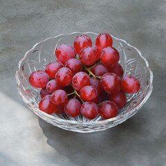 Canvas Print - A bunch of red grapes in a crystal bowl on a gray background.