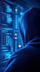 Wall Mural - A hooded figure engages with digital data in a futuristic environment, symbolizing cybersecurity and technology themes.