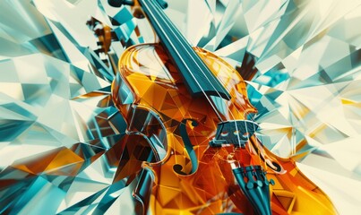 Poster - Geometric abstraction of a violin, fragmented into angular planes and overlapping perspectives