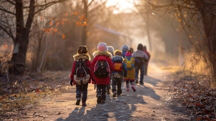 Wall Mural - A group of cute elementary school children walking to school on the morning of the first day of school.