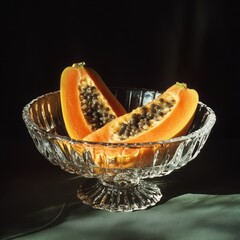 Sticker - Two papaya halves in a glass bowl on a green tablecloth.