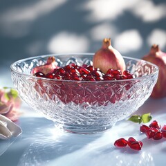 Poster - A crystal bowl filled with pomegranate seeds, with whole pomegranates in the background, and some seeds scattered around the bowl.