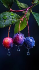 Wall Mural - Three vibrant, ripe berries dripping with water droplets, hanging from a leafy stem.