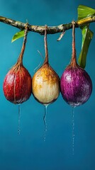 Wall Mural - Three colorful fruits hanging from a branch with water dripping from them against a blue background.