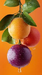 Poster - Three citrus fruits with green leaves and water drops on an orange background.