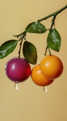 Canvas Print - Three ripe citrus fruits hanging from a branch with dew drops on a yellow background.