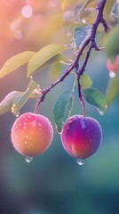 Two ripe plums with dew drops hanging from a branch.