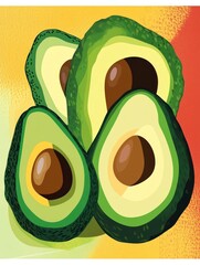 Sticker - Close up of sliced avocado with green skin and brown pit.