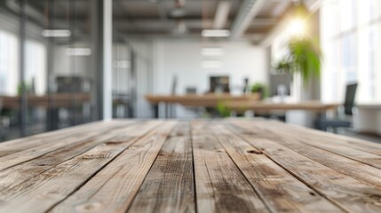 Poster - Blurred office and meeting room background on an unoccupied wooden tabletop.