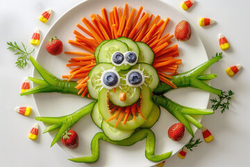 Creative presentation food of Halloween. Cute creepy monster made of vegetables and fruits - cucumber and carrots on a white plate. Top view. Kids breakfast or children's menu idea for a restaurant.