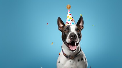 Bull terrier Dog in birthday hat with colorful balloons and confetti on blue background with copy space.