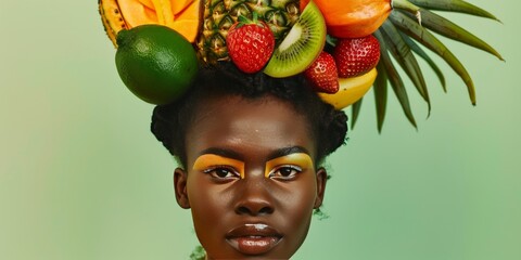 Wall Mural - Creative illustration of crop confident young African American female model with bright makeup and assorted tropical fruits above head looking at camera against light green background