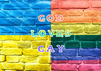 Poster - A colorful brick wall with the words God loves gay written on it