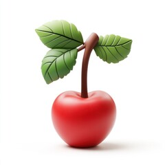 Sticker - Single red cherry with green leaves isolated on white background.